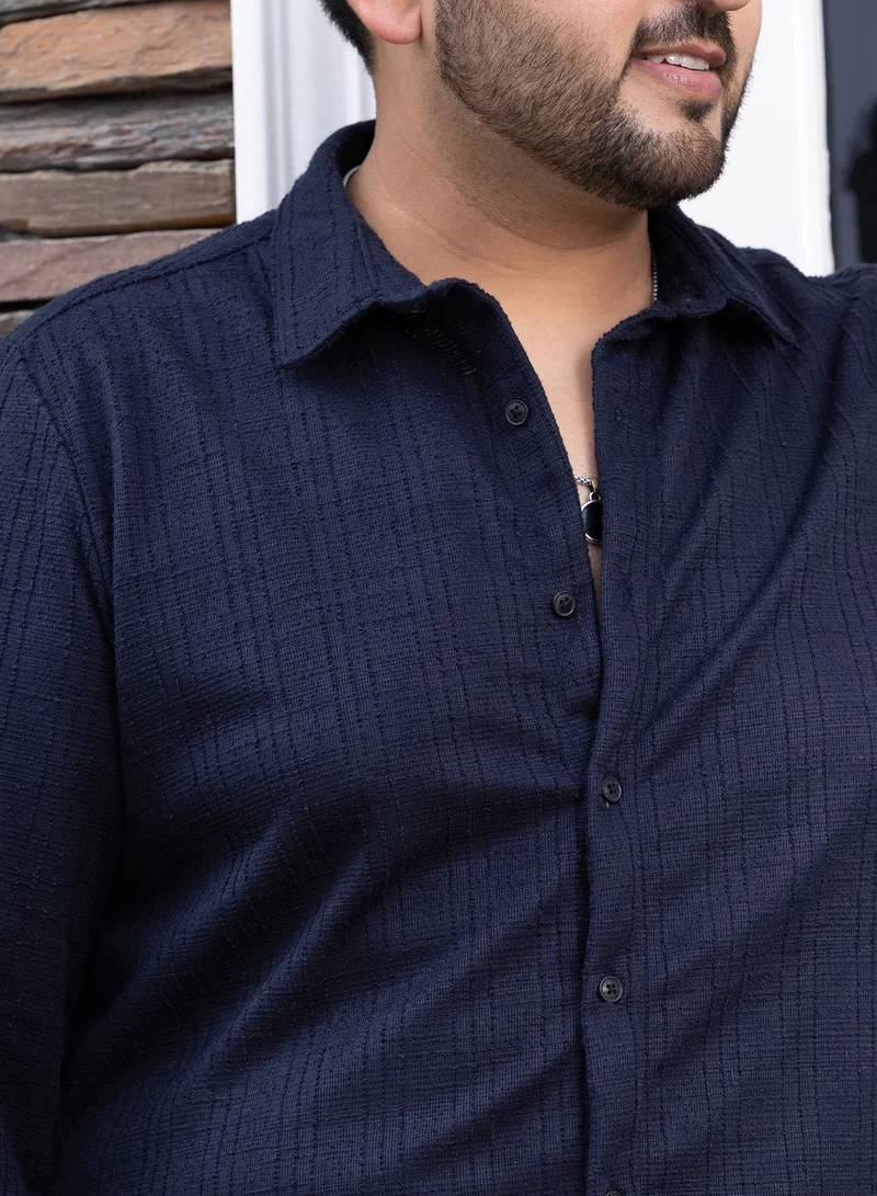 Instafab Plus Instafab Plus Men's Navy Blue Tactile Regular Shirt For Casual Wear | Spread Collar | Long Cuffed Sleeves | Button Closure | Plus Size Shirt Crafted With Comfort Fit For Everyday Wear