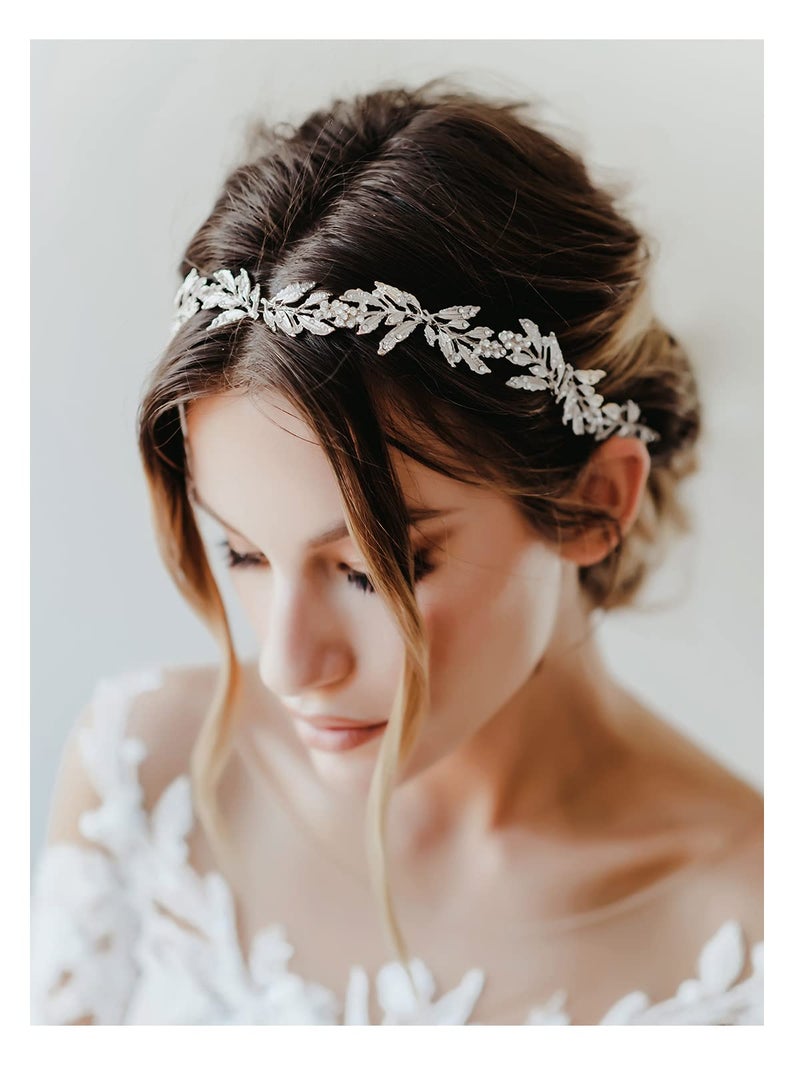 SWEETV Leaf Wedding Headpieces for Bride Silver Bridal Headband Flower Girl Headpiece Handmade Wedding Hair Accessories - Image 1