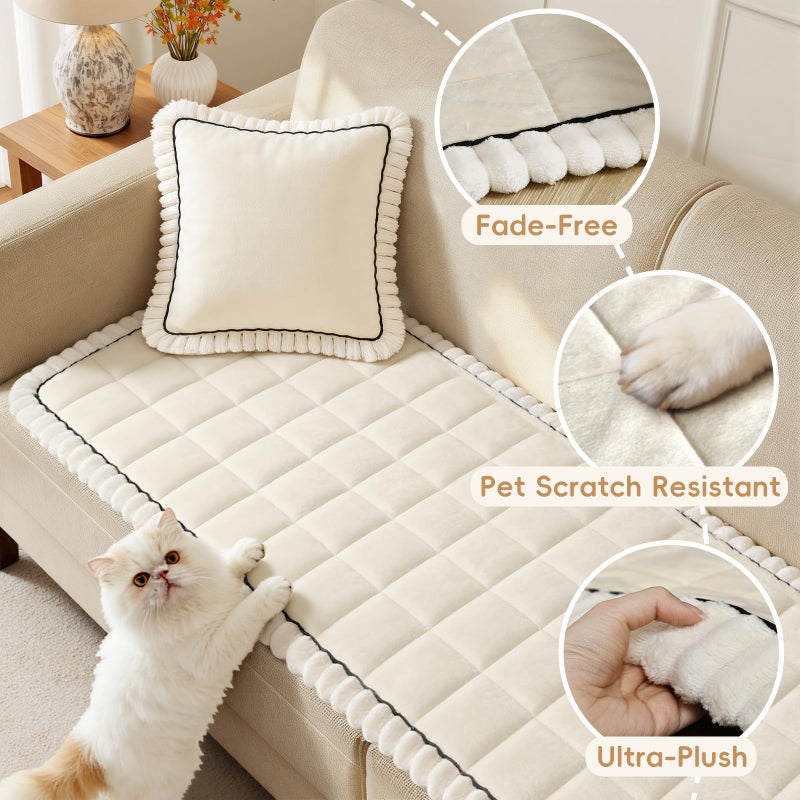 Arfntevss Plush Pet Couch Covers for Sofa Washable Fuzzy Dogs Couch Cover for 3 Cushion Couch Sofa Thick Velvet Slipcovers 3 Seater Anti-Slip Sectional Protector (Fuzzy Grid Ivory White, 27.6" x 71") - Image 3