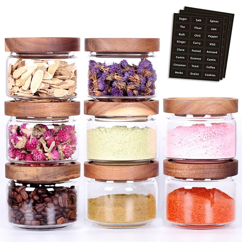 Tzerotone 8 Pcs Spice Containers - 8.5oz Glass Spice Jars With Acacia Airtight Lid and Labels - Stackable Empty Round Spice Bottles for kitchen Seasoning, coffee bean, tea, suger, herbs - Image 1