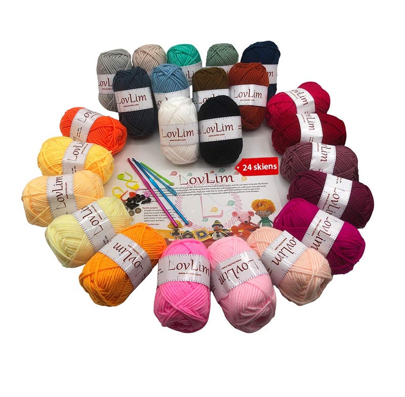 LovLim Crochet Yarn kit 24 Soft Cotton Yarn skeins 1500 Yards for Crochet and Knitting Craft DK Yarn Free CrochetAmigurumi Patterns Perfect Starter kit