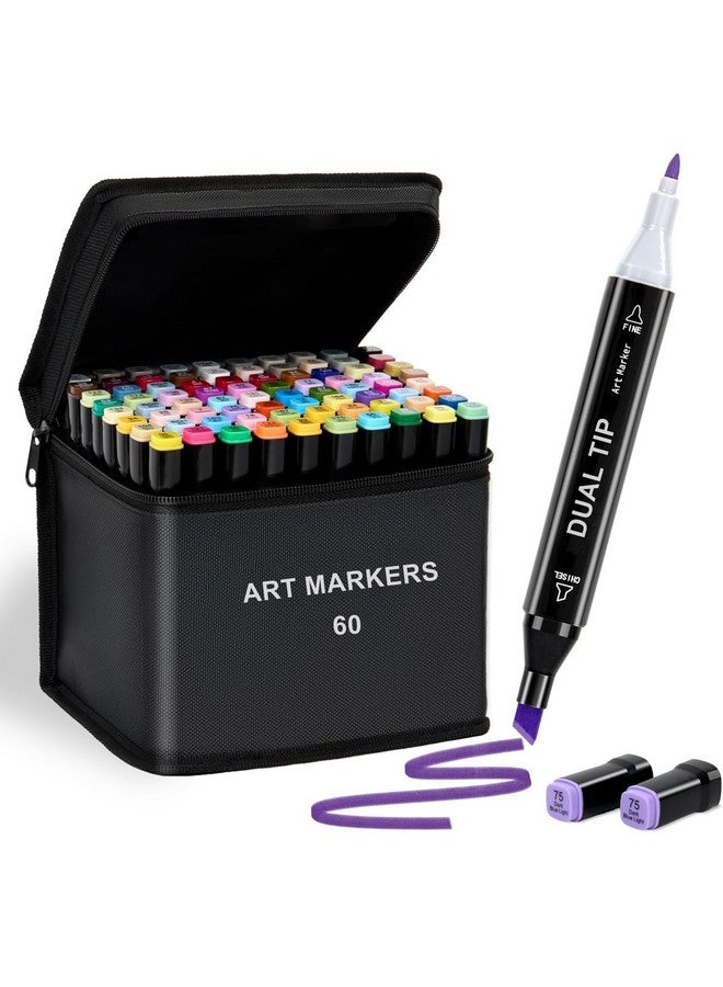 Amitasha 60 Pc Dual Tip Art Markers Pen Set Double-Sided Chisel Tip Sketch Pen For Drawing Sketch Coloring Fine Line Permanent Markers for Kids Adult - Image 1