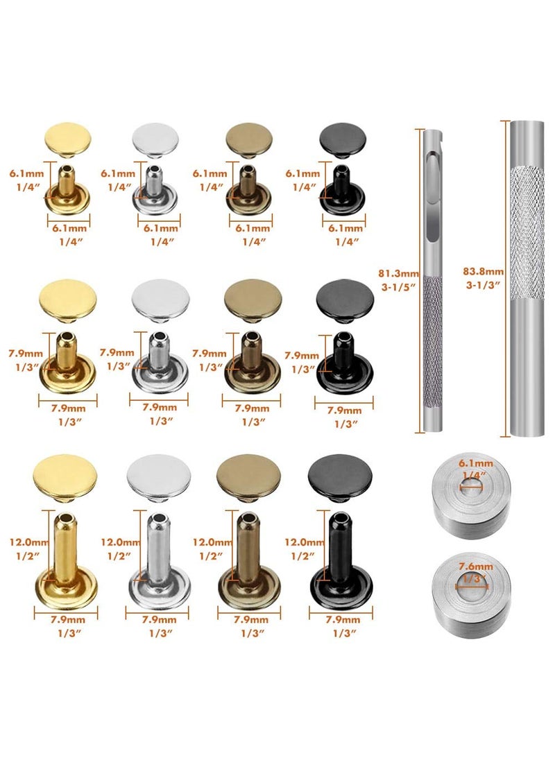 selizo Selizo 480 Sets 4 Colors 3 Sizes Leather Rivets Double Cap Rivet Tubular Metal Studs with 3 Pieces Setting Tool Kit for Leather Craft Repairs Decoration  - Image 3