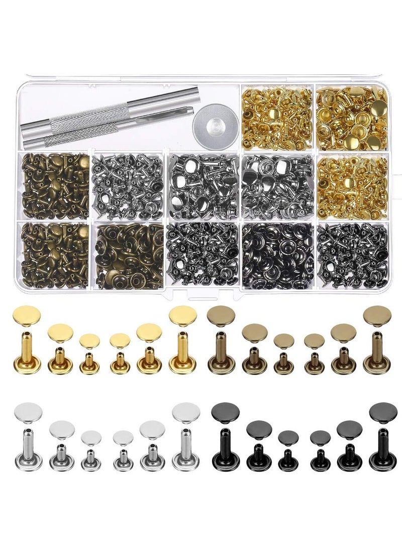 selizo Selizo 480 Sets 4 Colors 3 Sizes Leather Rivets Double Cap Rivet Tubular Metal Studs with 3 Pieces Setting Tool Kit for Leather Craft Repairs Decoration  - Image 1