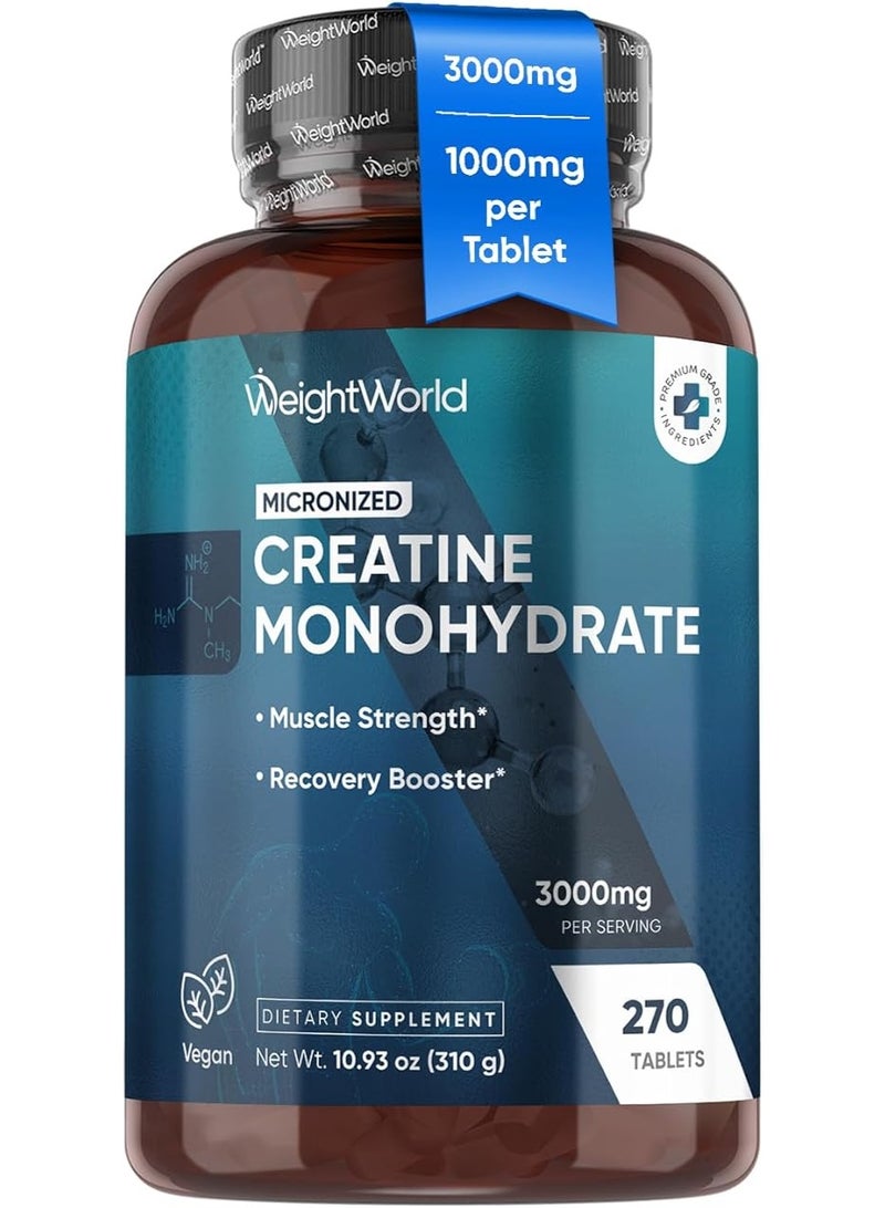 WeightWorld Creatine Monohydrate 3000mg – 270 Tablets | Made in UK | Supports Muscle Strength & Power | Enhances Performance & Endurance | High Potency Formula - Image 1