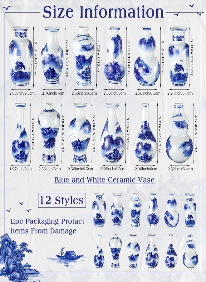 Maxcheck 12 Pcs Small Blue and White Vase Mini Porcelain Chinoiserie Bud Vase Vintage Ceramic Oriental Handmade Chinese Flower Jardiniere for Home Office Shelf Table Centerpieces Decor(Stylish) - Image 2