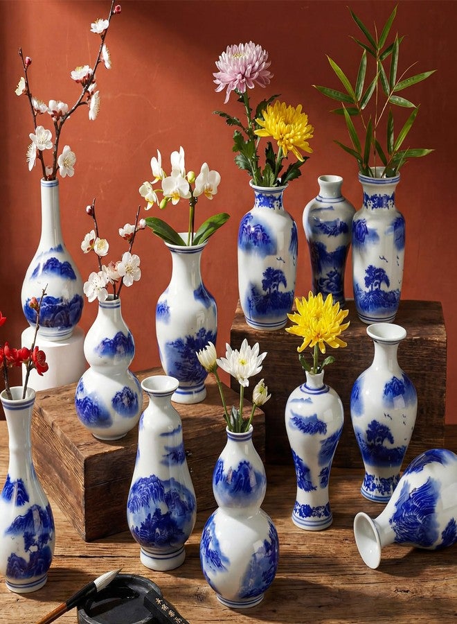 Maxcheck 12 Pcs Small Blue and White Vase Mini Porcelain Chinoiserie Bud Vase Vintage Ceramic Oriental Handmade Chinese Flower Jardiniere for Home Office Shelf Table Centerpieces Decor(Stylish) - Image 1