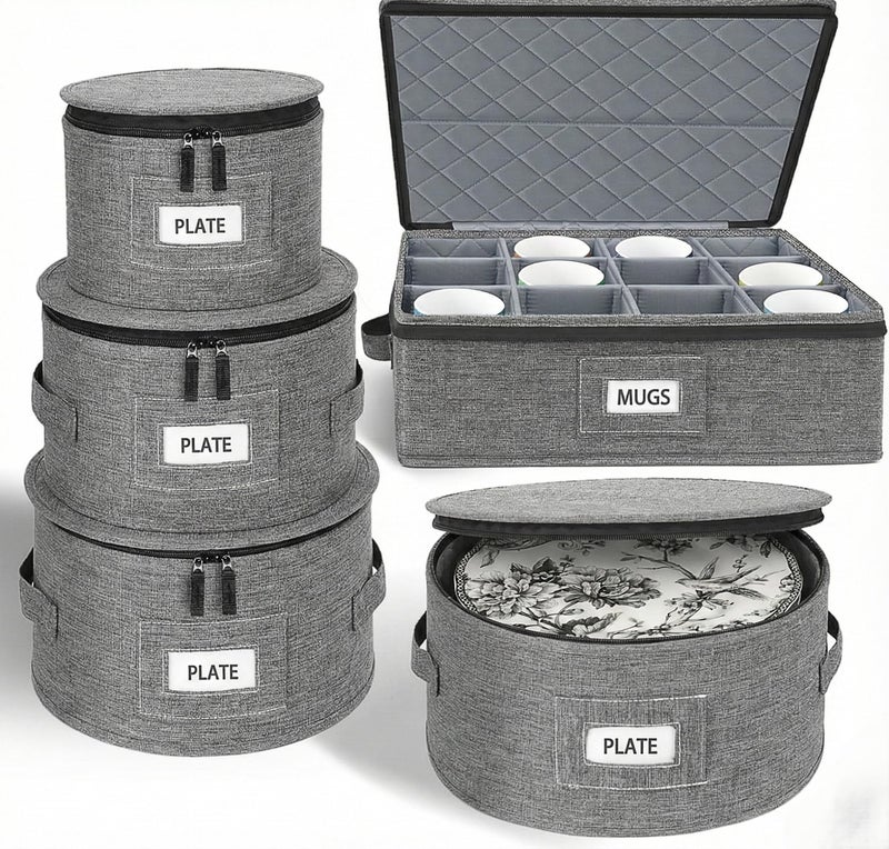 Cirhy China Storage Containers 5-Piece Set - Reinforced Hard-Sided Moving Boxes for Dinnerware, Fine China, Stemware & Mugs - Sturdy Quilted Dish Packing Protectors with Dividers (Service for 12) - Image 1
