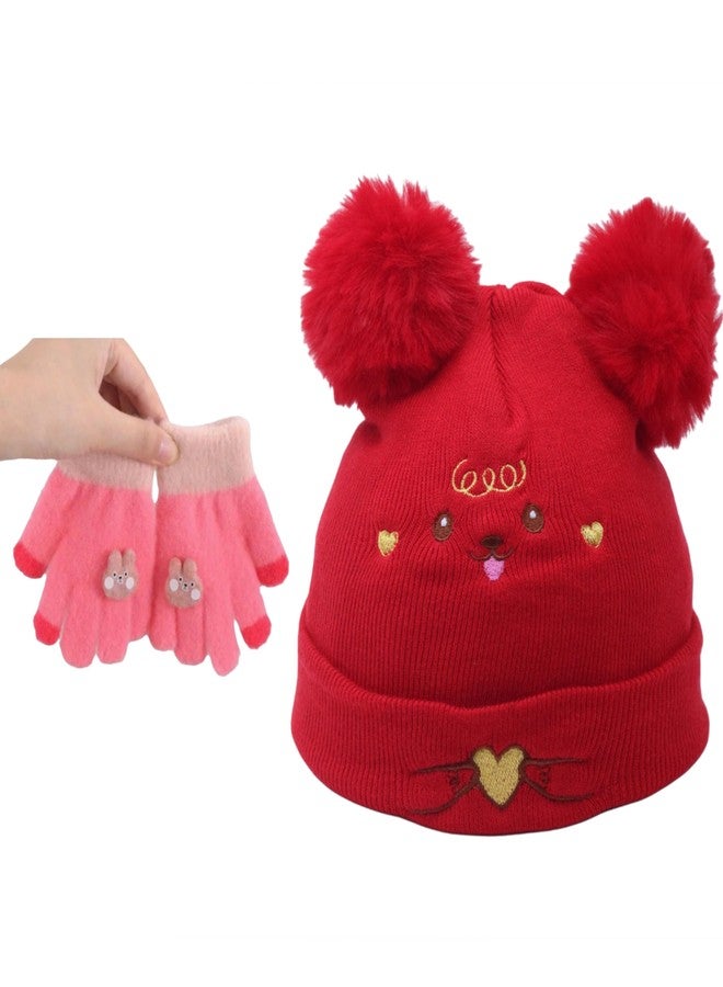 REFFER Cute | Baby Winter Cap | Winter Cap for Baby | Baby Cap | Kids Winter Cap Woolen Double Layers Soft and Warm (in, Age, 6 Months, 24 Months, Baby, Red + Gloves Set 6 Month to 3 Years) - Image 1