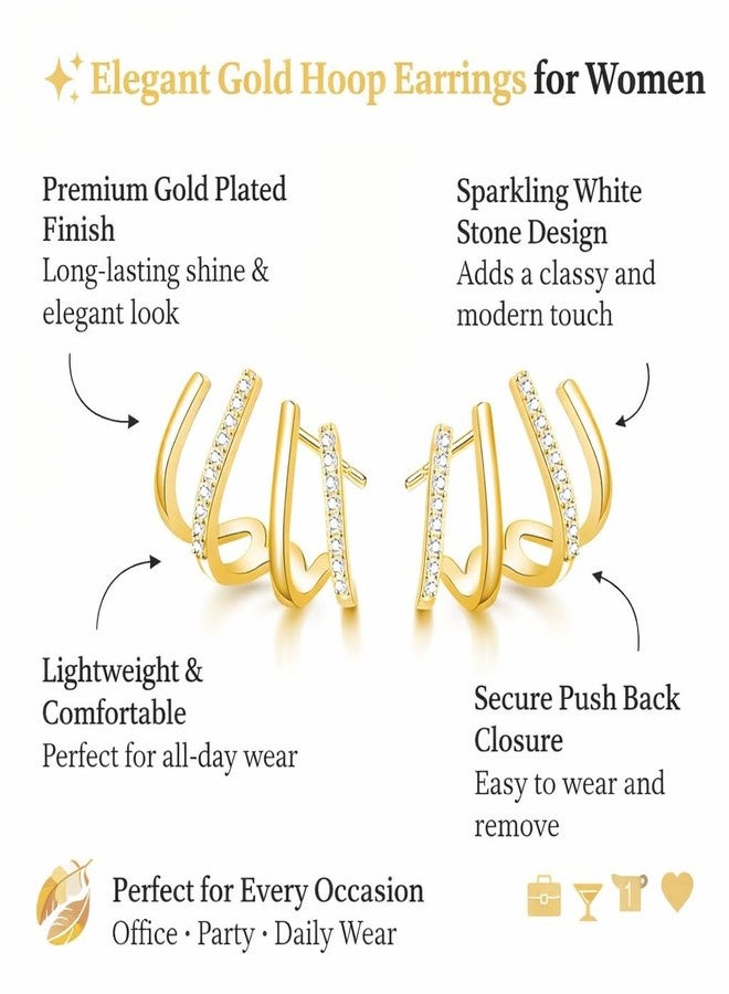 Highlark Gold Hoop Earrings for Women | Lightweight Double Hoop Earrings with White Stone | Minimalist Stylish Fashion Jewelry for Girls | Office & Party Earrings - Image 2