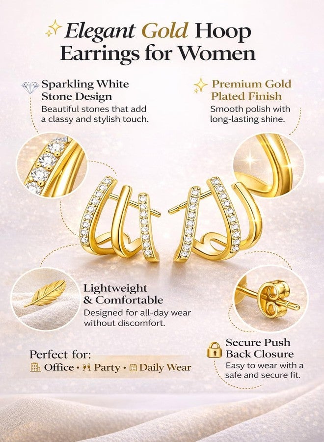 Highlark Gold Hoop Earrings for Women | Lightweight Double Hoop Earrings with White Stone | Minimalist Stylish Fashion Jewelry for Girls | Office & Party Earrings - Image 5