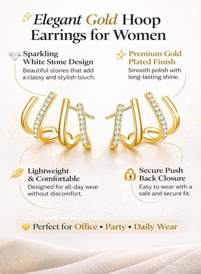 Highlark Gold Hoop Earrings for Women | Lightweight Double Hoop Earrings with White Stone | Minimalist Stylish Fashion Jewelry for Girls | Office & Party Earrings - Image 3