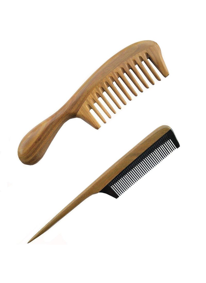 Aguder Sandalwood Wood Comb No Static Handmade Wide Tooth Comb and Fine Tooth Teasing Tail Comb Natural Buffalo Horn Teeth Comb Wooden Comb Set 
