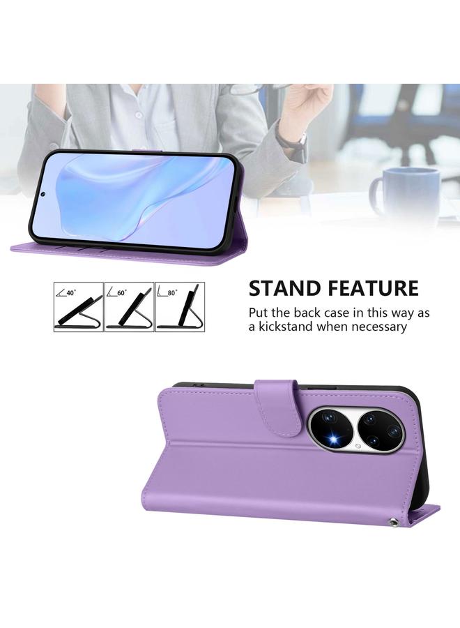 زبون جراب لهاتف Huawei P50 Pro مصنوع من الجلد بلون سادة مع حبل تعليق - Image 3