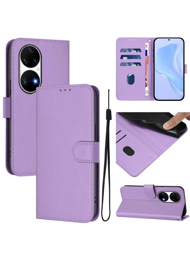 زبون جراب لهاتف Huawei P50 Pro مصنوع من الجلد بلون سادة مع حبل تعليق - Image 1