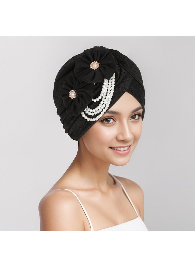 Laravel Women's Flower Pearl Accessories Elegant Fashion Muslim Islamic Arab Hijab Undercap Elastic Turban Hat Headscarf Hat  Ramadan Gift Holiday Gift Box - Black  - Image 1
