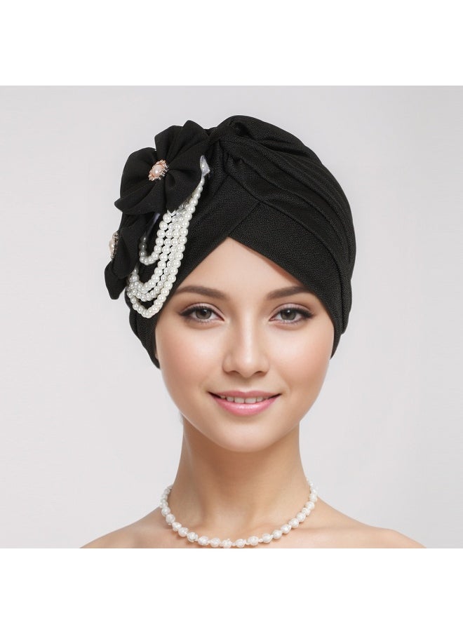 Laravel Women's Flower Pearl Accessories Elegant Fashion Muslim Islamic Arab Hijab Undercap Elastic Turban Hat Headscarf Hat  Ramadan Gift Holiday Gift Box - Black  - Image 2