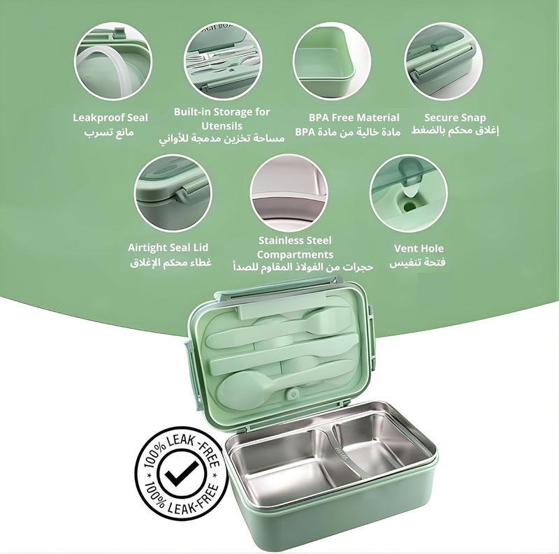 Cravista Stainless Steel Bento Box for Kids and Adults – 1200ML Leakproof Bento Lunch Box with Cutlery Set – BPA Free Lunchbox Tiffin for Office and School (Green) - Image 2