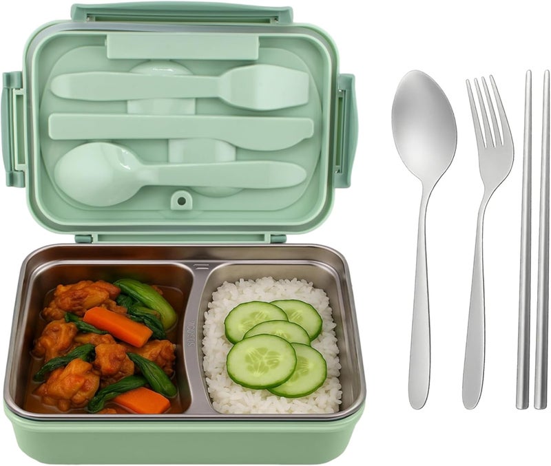 Cravista Stainless Steel Bento Box for Kids and Adults – 1200ML Leakproof Bento Lunch Box with Cutlery Set – BPA Free Lunchbox Tiffin for Office and School (Green) - Image 1