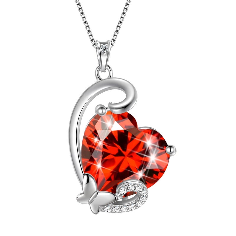 Juwaliy January Birthstone Heart Necklace Butterfly Pendant Red Garnet 925 Sterling Silver Jewelry Mother Women Birthday Christmas Valentine's Day Gift for Her - Image 1