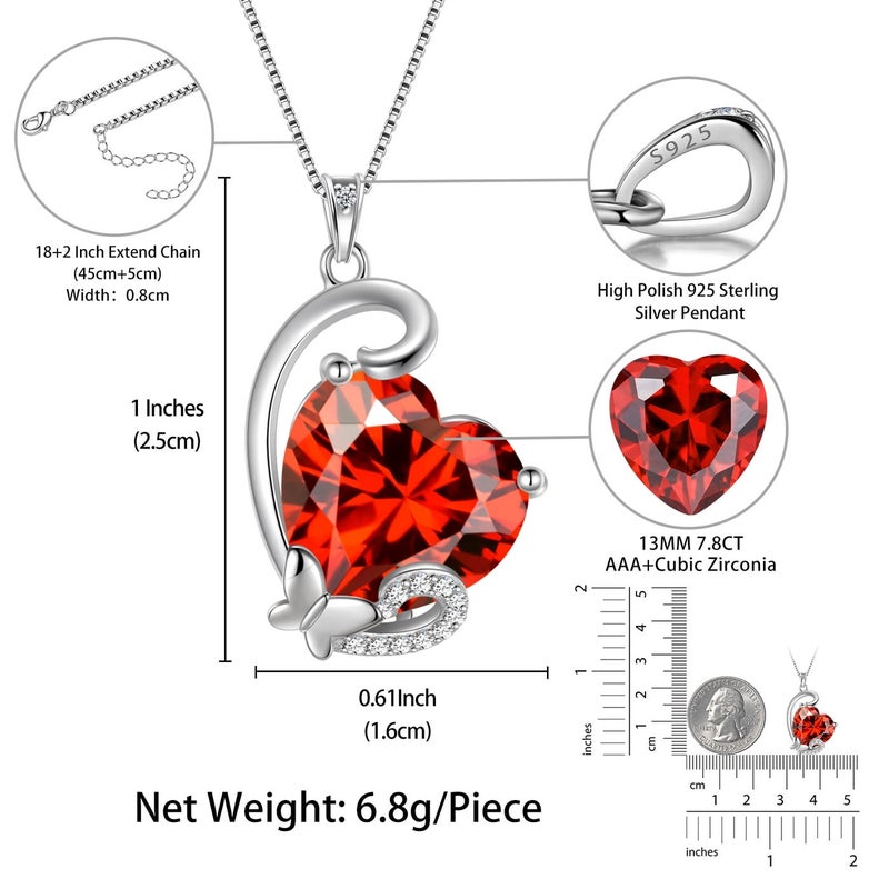 Juwaliy January Birthstone Heart Necklace Butterfly Pendant Red Garnet 925 Sterling Silver Jewelry Mother Women Birthday Christmas Valentine's Day Gift for Her - Image 5