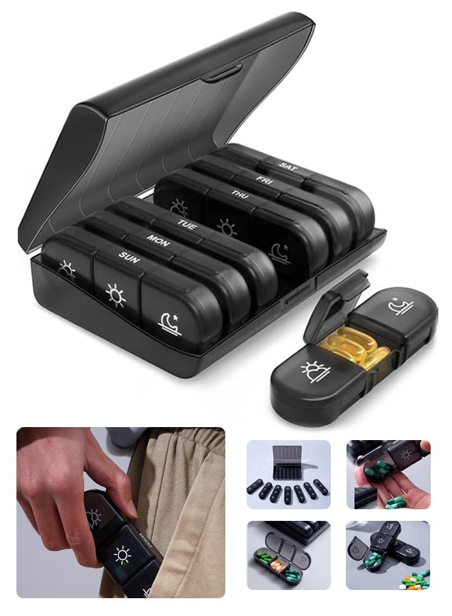 7 Days 3 Times A Day Weekly Pill Organizer Box,Weekly Pill Organizer,Light-Proof Daily Pill Box,Portable Travel Pill Case for Medication,Black Privacy Protection AM PM Pill Case for Vitamins,Portable Travel Pill Case for Medication, Vitamins, Fish Oils,Supplements(Black) - Image 1