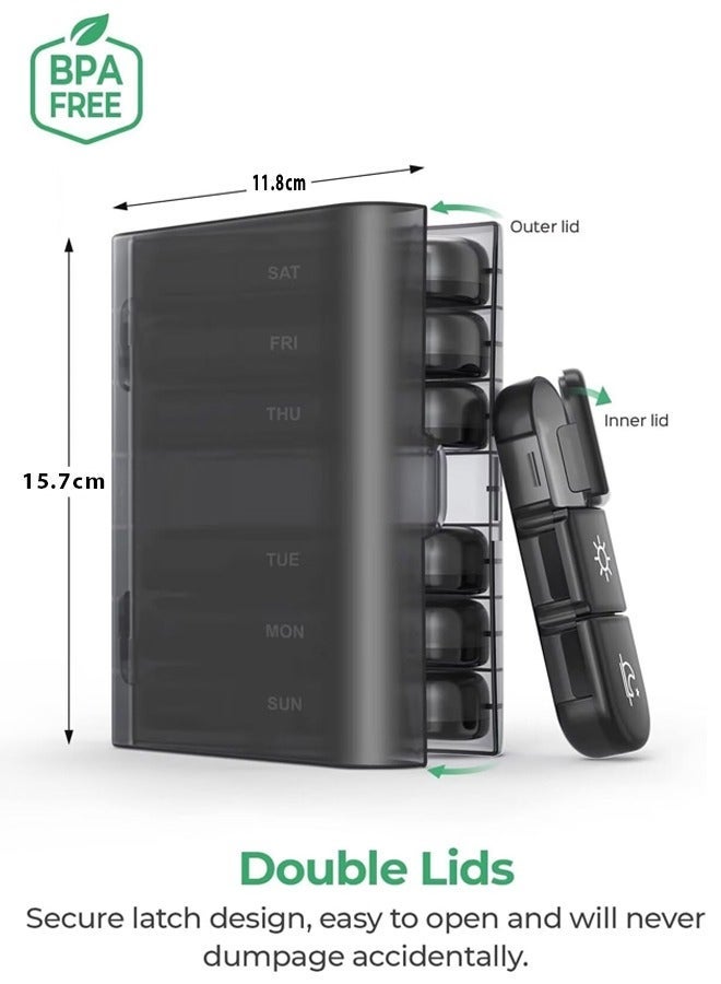Poxvalzor 7 Days 3 Times A Day Weekly Pill Organizer Box,Weekly Pill Organizer,Light-Proof Daily Pill Box,Portable Travel Pill Case for Medication,Black Privacy Protection AM PM Pill Case for Vitamins,Portable Travel Pill Case for Medication, Vitamins, Fish Oils,Supplements(Black) - Image 2