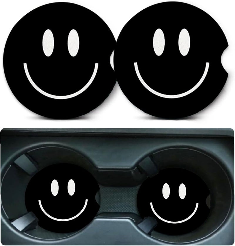 Ldntly Car Coasters for Cup Holders,2 Pack Smiley Face Car Coasters,2.75" Universal Size Anti Slip Rubber Mat,Automotive Cup Holder Decal Decor Accessories,Smiley Face Gifts for Women,Men,Mom - Image 1