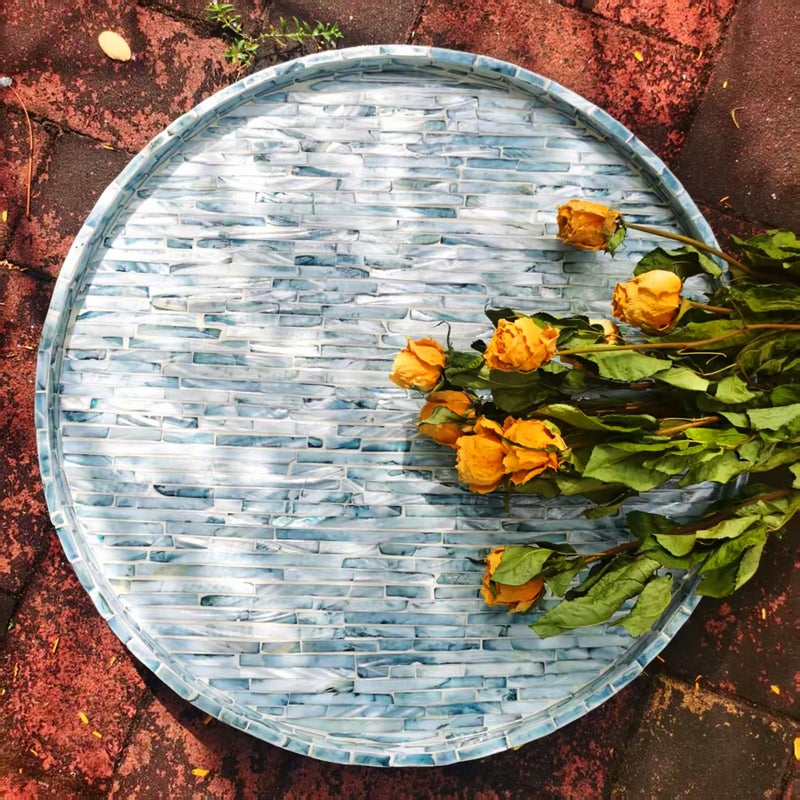 i-lan 17-inch Mother of Pearl Lazy Susan â€“ Blue Brick Pattern Rotating Turntable with Smooth Spin, Large Decorative Tray for Dining Table, Kitchen Cabinet, Countertop & Holiday Gifting - Image 2