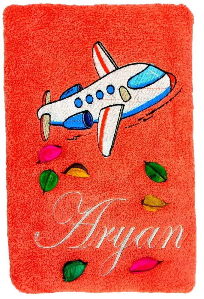 COTTON AEROPLANE PERSONALISED KIDS BATH TOWEL 500 GSM SET OF 1 ORANGE