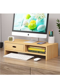 Desktop Monitor Stand, Ergonomic Office Desk Riser with Drawer, 2-Tier Wood Screen Stand, Beech Wood Color