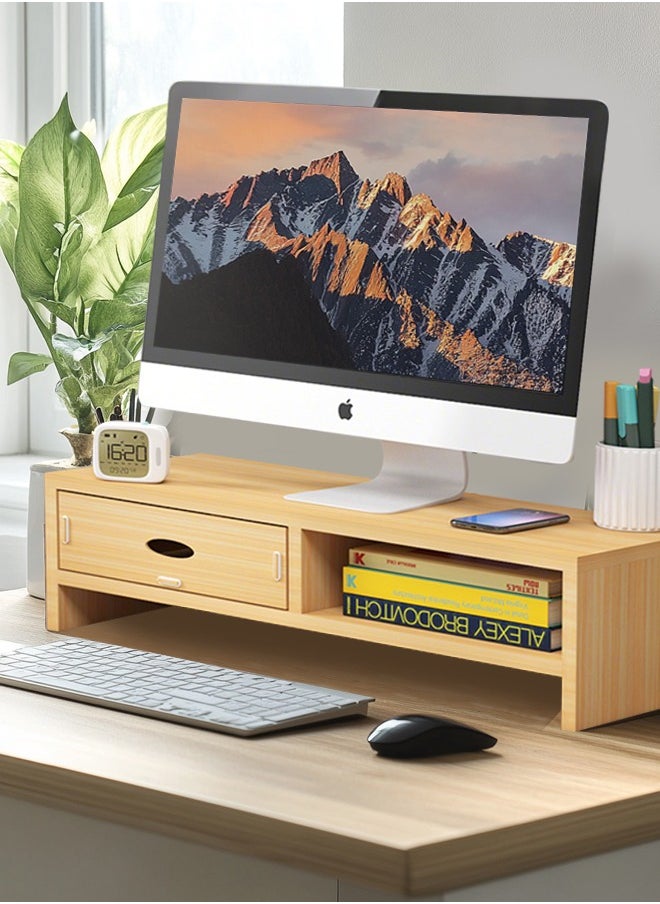 Generic - Desktop Monitor Stand, Ergonomic Office Desk Riser with Drawer, 2-Tier Wood Screen Stand, Beech Wood Color - Image 1