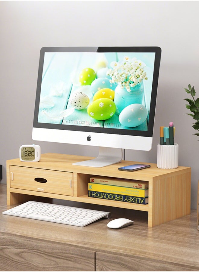 Generic - Desktop Monitor Stand, Ergonomic Office Desk Riser with Drawer, 2-Tier Wood Screen Stand, Beech Wood Color - Image 1
