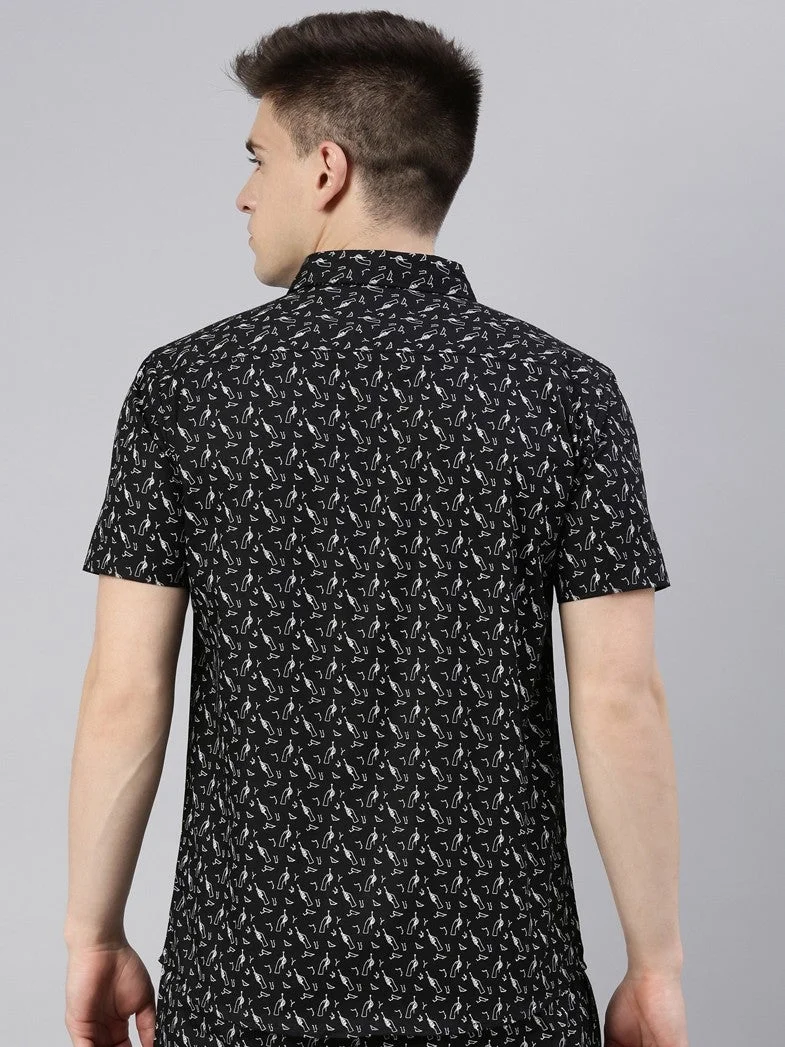 Joven Black Printed Half Sleeve Casual Shirt for Men