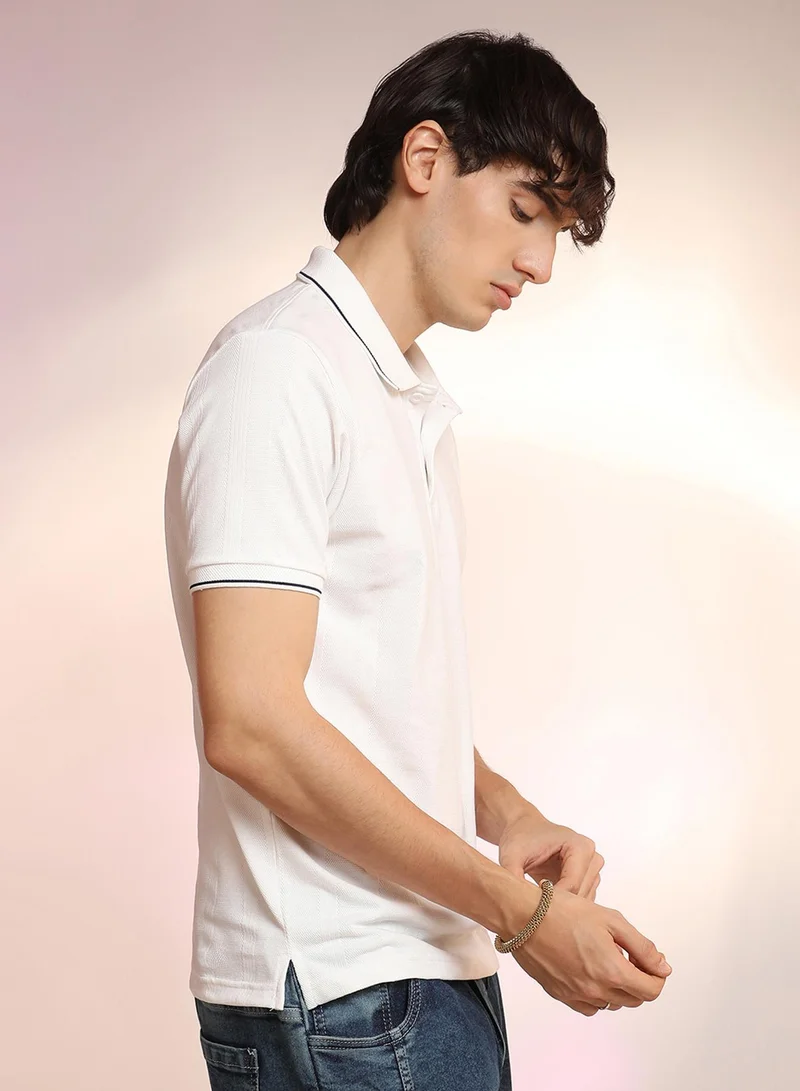 Campus Sutra Men's Chalk White Lined-Knit Polo T-Shirt