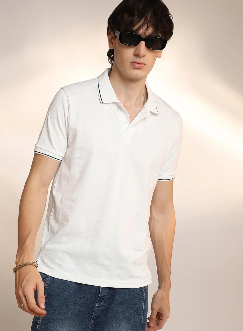 Men's Chalk White Lined-Knit Polo T-Shirt