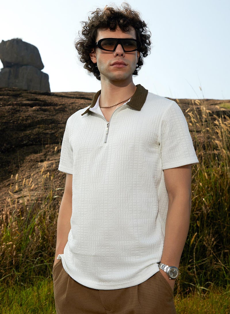 Campus Sutra Men's Cream White Oblique-Block Polo T-Shirt - Image 1
