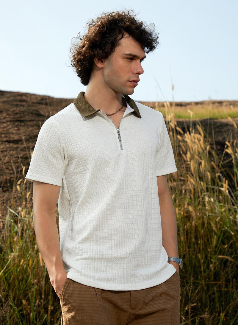 Campus Sutra Men's Cream White Oblique-Block Polo T-Shirt - Image 3