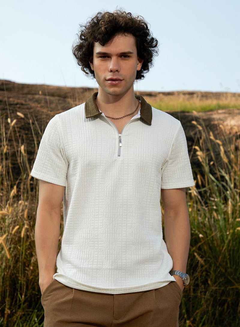 Campus Sutra Men's Cream White Oblique-Block Polo T-Shirt - Image 2
