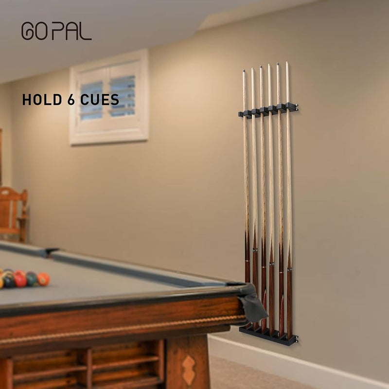 GOPAL CR1 Black Pool Cue Holder, Wall Mount Pool Stick Rack for 6 Cues Stick Storage, Pool Cue Set Rack, Pool Table Rods Organizer - Image 2
