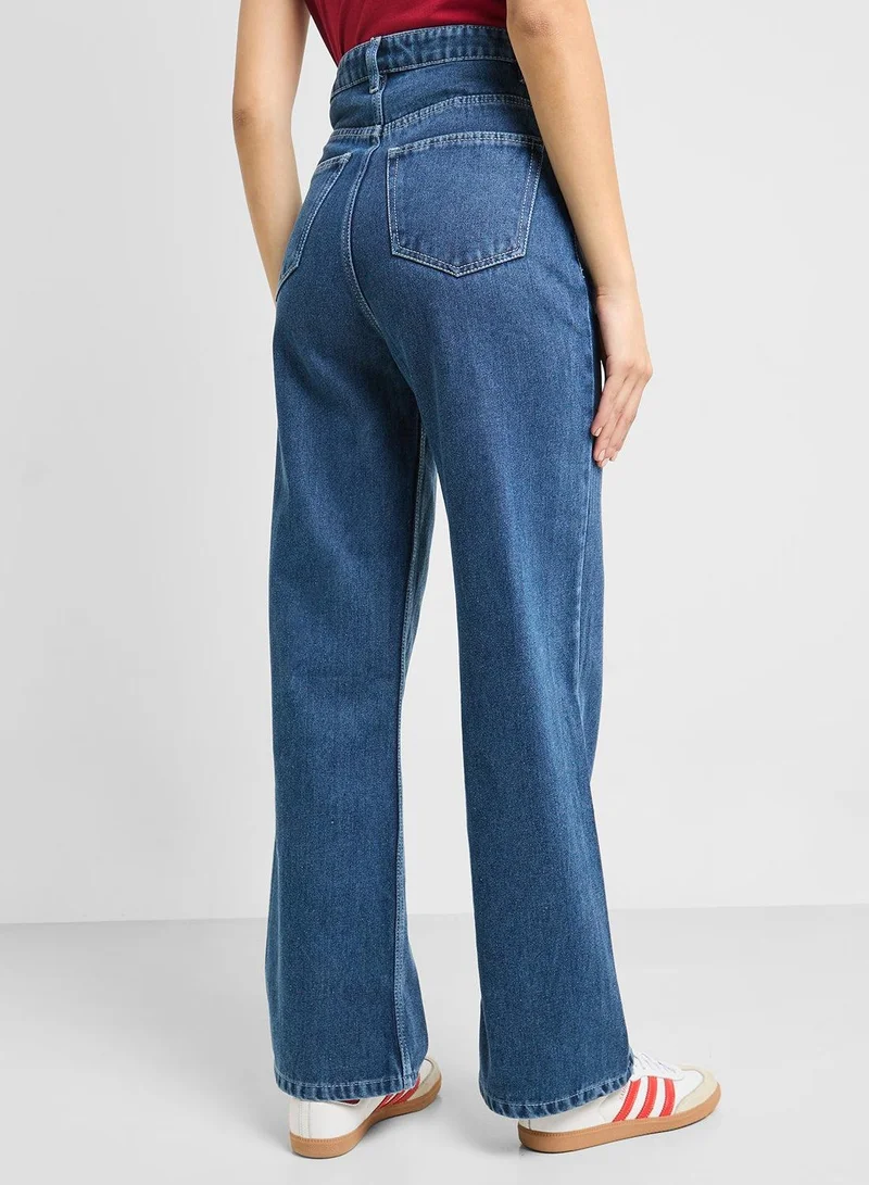Ginger Blue Mid Rise Wide Leg Jeans for Women | Best Price UAE