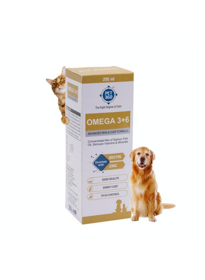 PET360 Omega 3+6 Concentrated Salmon Fish Oil for Dogs & Cats with Vitamins & Minerals | Shinier Coat, Itch & Allergy Control | Improves Skin & Hair Health | Nutritional Supplement for Pets - 200 ml - Image 1