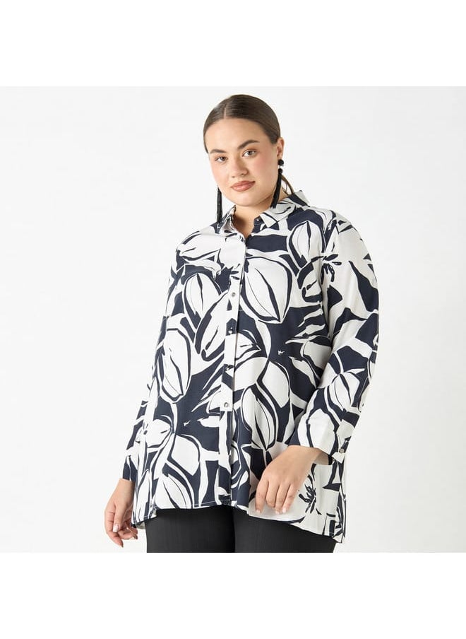 Ulla Popken Plus Size Ulla Popken All-Over Floral Print Shirt with Long Sleeves  - Image 1