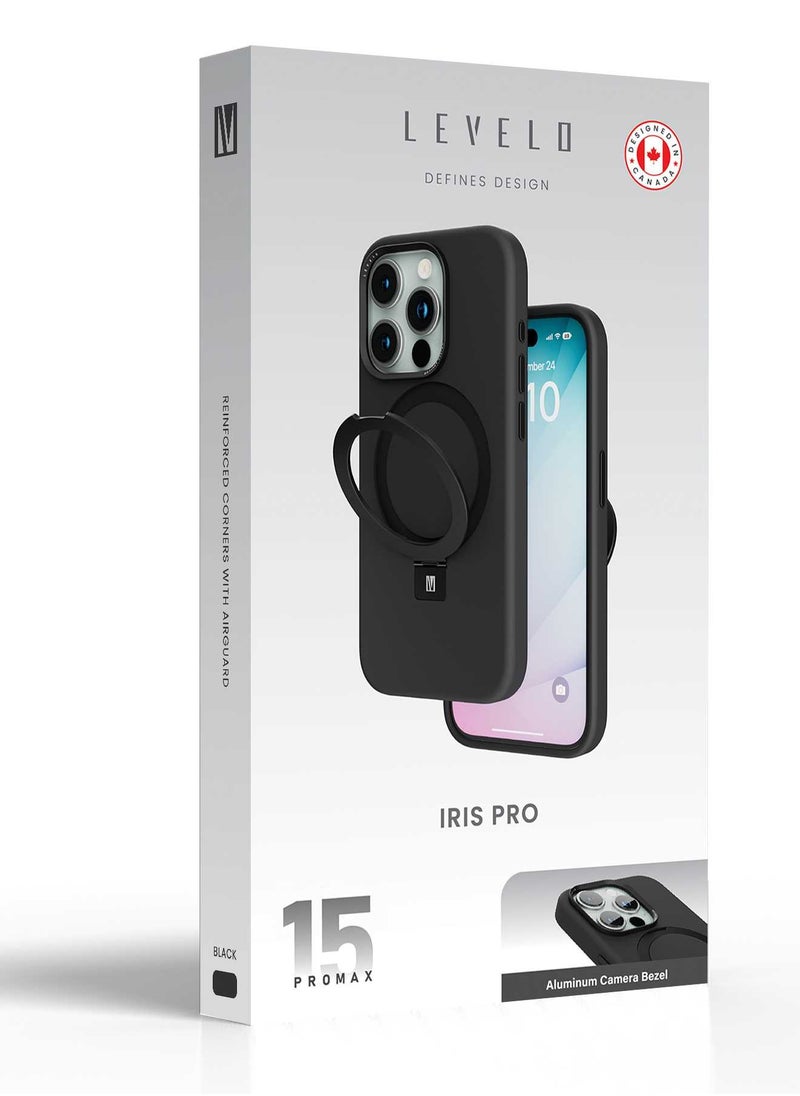 LEVELO - iPhone 15 Plus Case Iris Pro Liquide Silicone Back Cover with Multi-Positioning Modes / 3H Anti Scratch / Shock-Proof Edges / MagSafe Compatible / Aluminum Camera Bezel / Reinforced Corners with Airguard - Black - Image 1