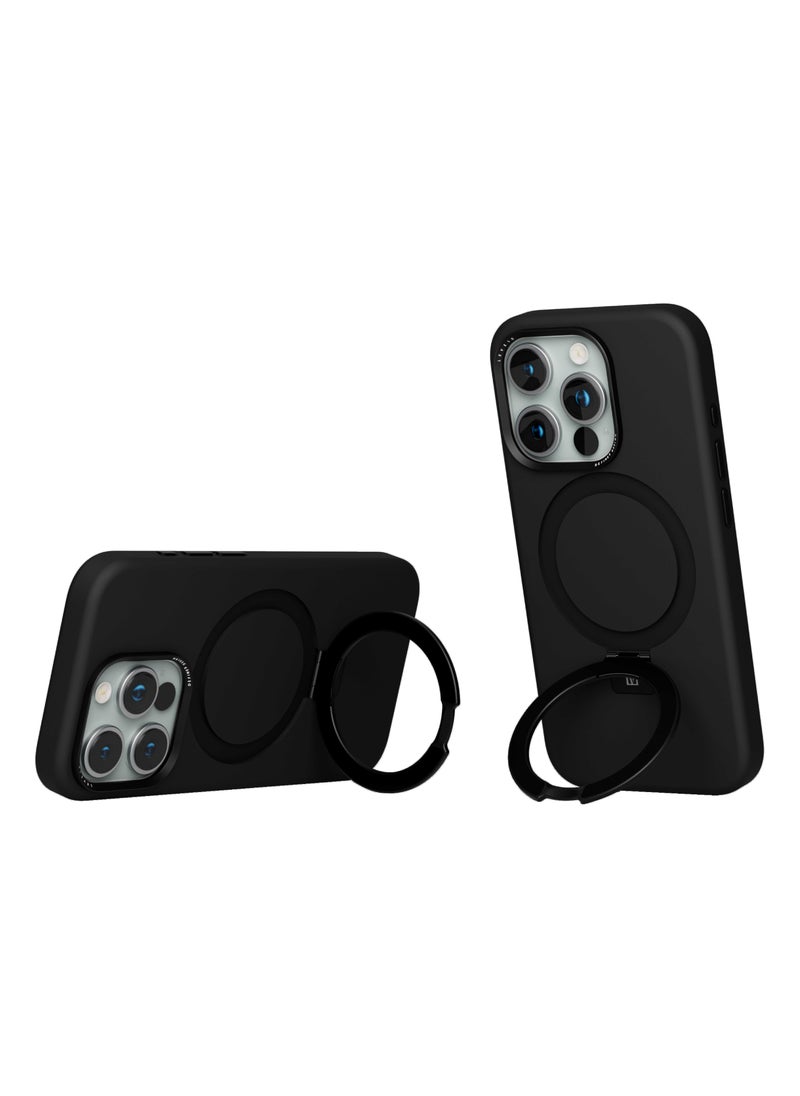 LEVELO - iPhone 15 Plus Case Iris Pro Liquide Silicone Back Cover with Multi-Positioning Modes / 3H Anti Scratch / Shock-Proof Edges / MagSafe Compatible / Aluminum Camera Bezel / Reinforced Corners with Airguard - Black - Image 1