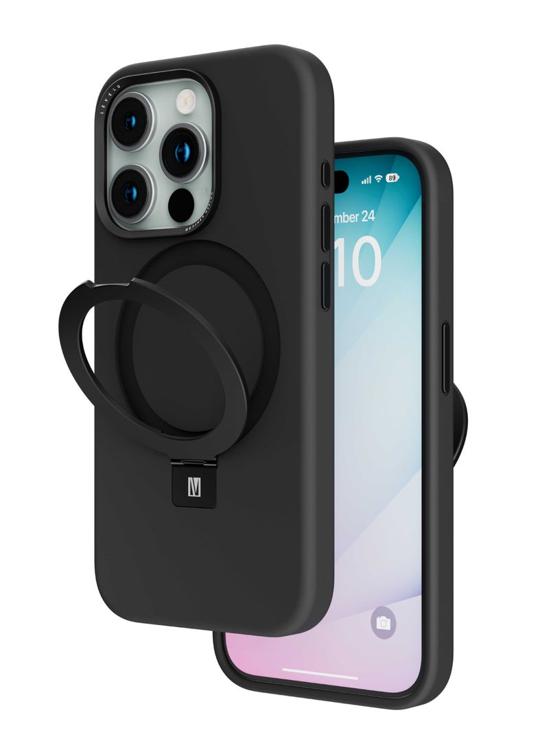 LEVELO - iPhone 15 Plus Case Iris Pro Liquide Silicone Back Cover with Multi-Positioning Modes / 3H Anti Scratch / Shock-Proof Edges / MagSafe Compatible / Aluminum Camera Bezel / Reinforced Corners with Airguard - Black - Image 1