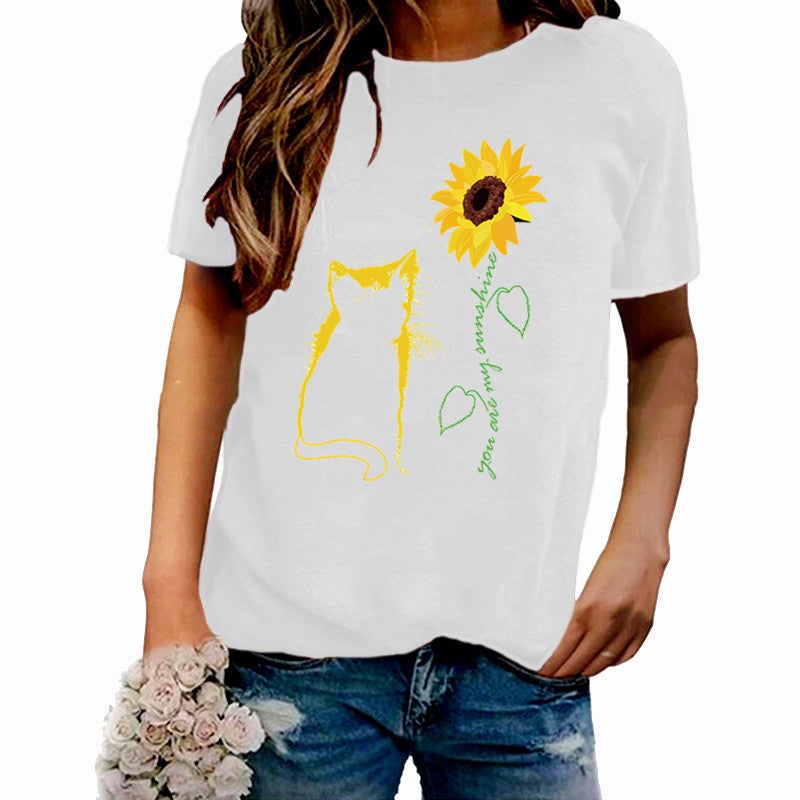 Wish Independent Station Cat Sunflower Pattern Printed Short Sleeve T-Shirt Women - Image 1