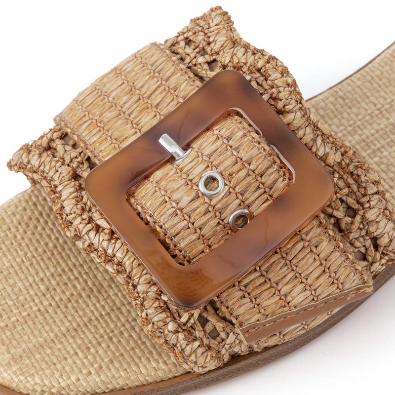 Rihero Women's Flat Sandals Raffia Slip On Beach Slide Sandals Open Toe Comfortable Dressy Buckle Woven Brown Slides Brown Size 6 - Image 4