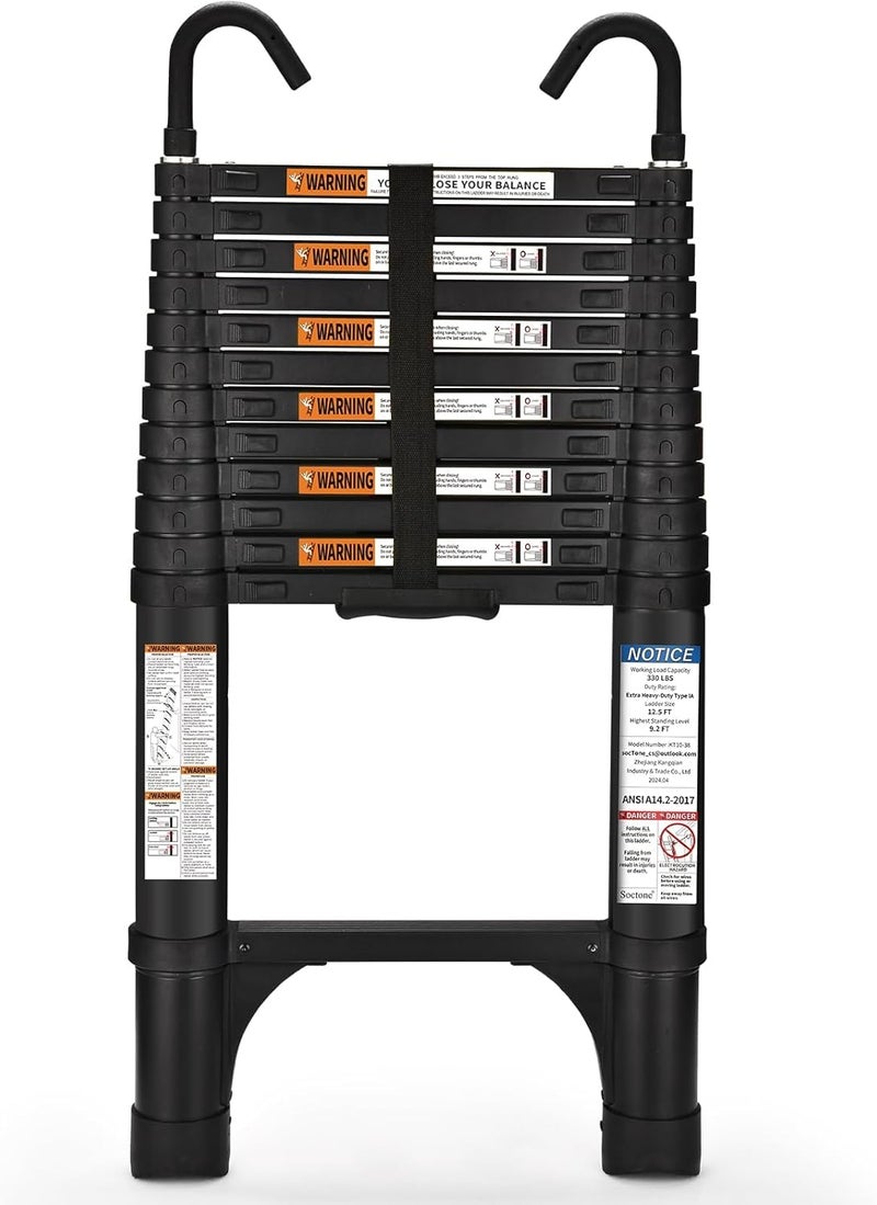 Soctone Telescoping Ladder, SocTone 12.5 FT Aluminum Lightweight Extension Ladder with 2 Triangle Stabilizers, Heavy Duty 330lbs Max Capacity, Collapsible Ladder with Hooks for RV or Outdoor Work - Image 1
