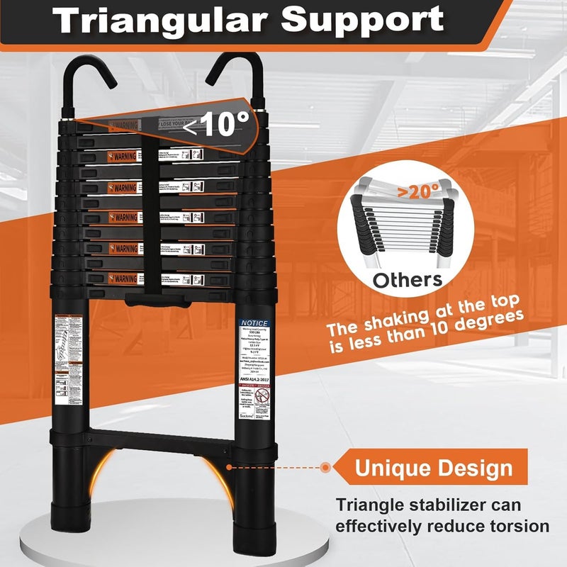 Soctone Telescoping Ladder, SocTone 12.5 FT Aluminum Lightweight Extension Ladder with 2 Triangle Stabilizers, Heavy Duty 330lbs Max Capacity, Collapsible Ladder with Hooks for RV or Outdoor Work - Image 3